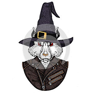 Fantasy portrait of wild rat or mouse wearing magic wizard hat. Cartoon witch. Fairy tale character. Symbol chinese