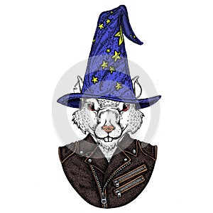 Fantasy portrait of wild rat or mouse wearing magic wizard hat. Cartoon witch. Fairy tale character. Symbol chinese