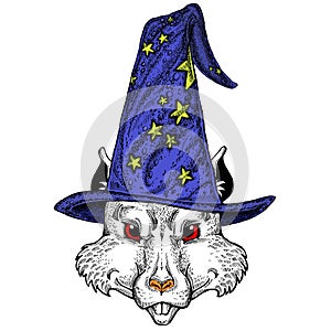 Fantasy portrait of wild rat or mouse wearing magic wizard hat. Cartoon witch. Fairy tale character. Symbol chinese