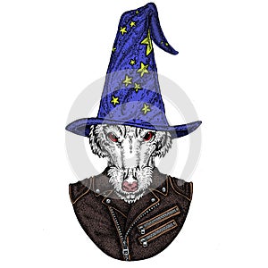 Fantasy portrait of wild rat or mouse wearing magic wizard hat. Cartoon witch. Fairy tale character. Symbol chinese