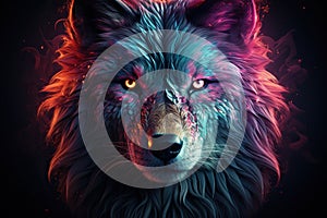 Fantasy portrait of a wolf in a colorful neon light. The wolf looks at the camera and smiles. Generative AI Generative AI