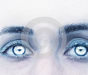 Fantasy portrait of a woman in cold shades with frozen eyelashes photo