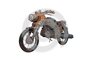 Fantasy post apocalyptic motorcycle made of scrap parts. 3D rendering isolated on white background photo