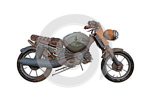 Fantasy post apocalyptic yellow motor bike made of scrap parts. 3D illustration isolated on white background with clipping path photo