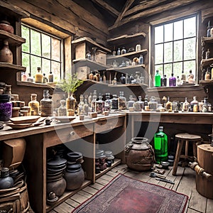 fantasy potions workshop, magical potions, wizardry, alchemy lab, virtual background photo