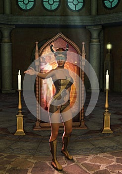 Fantasy priestess blindfold with horns with a magical mirror behind her.