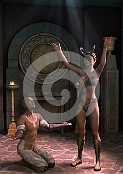 Fantasy priestess blindfold with horns and a male mage worshiping together.