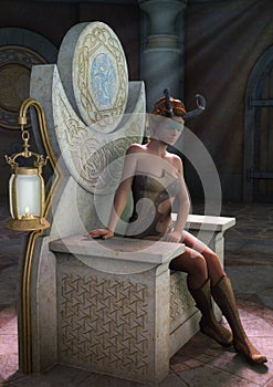 Fantasy priestess blindfold with horns sitting on a throne with a lamp.