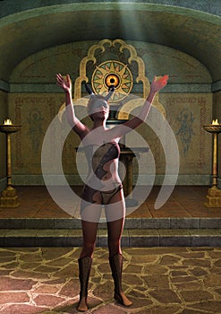 Fantasy priestess blindfold with horns worshiping with an altar behind her.