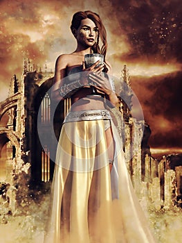 Fantasy priestess in a city ruins