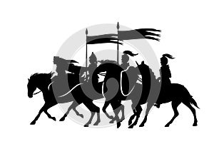 Fantasy princess or queen and guard knights riding horses black vector silhouette set