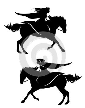 Fantasy princess riding galloping horse black and white vector silhouette set