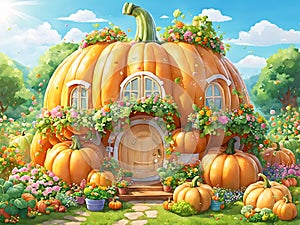 Fantasy Pumpkin House. An Organic Vegetable Garden Illustration. Generative AI