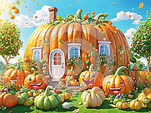 Fantasy Pumpkin House. An Organic Vegetable Garden Illustration. Generative AI