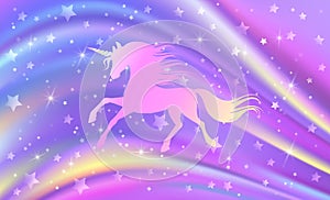 Fantasy rainbow purple background in sparkling stars and unicorn