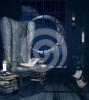 Fantasy reading room by night with a cozy armchair and lots of books photo