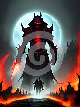 fantasy red monster with black cloak in dark background. illustration, Ai Generated