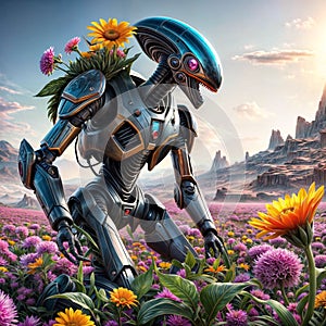 Fantasy robot kneels in a clearing with blooming flowers .
