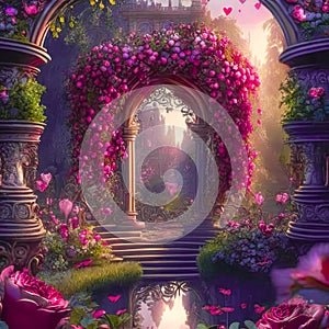 Fantasy romantic background with rose garden and flower arch. Generative AI