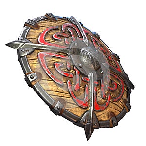 Fantasy round viking wooden shield on an isolated white background. 3d illustration