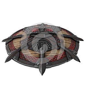 Fantasy round viking wooden shield on an isolated white background. 3d illustration