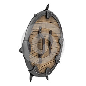 Fantasy round viking wooden shield on an isolated white background. 3d illustration