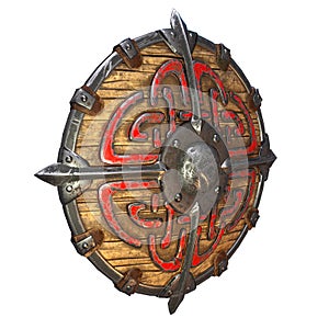 Fantasy round viking wooden shield on an isolated white background. 3d illustration