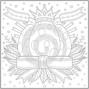Fantasy royal egg with ribbon and leaf decoration. Learning and education coloring page
