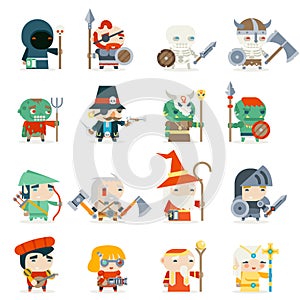 Fantasy RPG Game Heroes Villains Minions Character Vector Icons Set Flat Design Vector Illustration