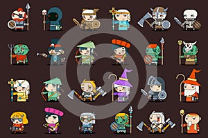 Fantasy rpg game heroes villains minions character vector outline icons set flat design vector illustration