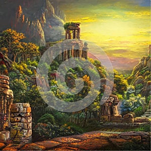 fantasy ruined ancient city at a sunset AI