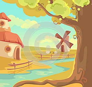 Fantasy rural landscape vector illustration, cute cartoon beautiful summer scenery, village with fairytale house cottage