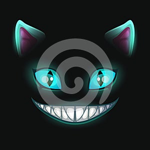 Fantasy scary smiling cat face on black background.