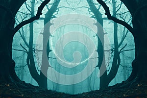 A fantasy, sceince fiction concept of a glowing, portal, gateway floating above a track in a spooky misty forest