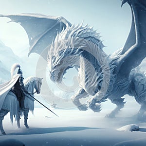 fantasy scence of a knight on horseback facing a huge white dragon in an ice and snow landscape