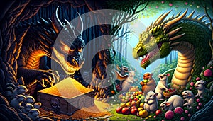 Fantasy Scene with Dragons and Woodland Creatures