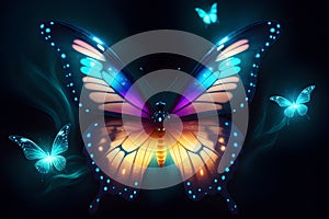 fantasy scene featuring a butterfly with beautifully glowing wings with vibrant display of colors