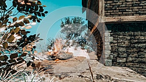 Fantasy scene with fire and ruins