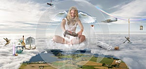 Fantasy scene - girl angel showering the earth with rain