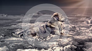 Fantasy scene of one dog laying down on the clouds in the heaven