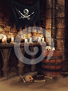 Fantasy scene with a pirate flag in a medieval room