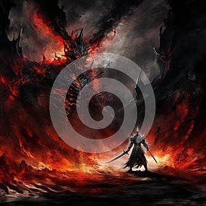 Fantasy scene with a samurai warrior against the backdrop of a burning field. photo