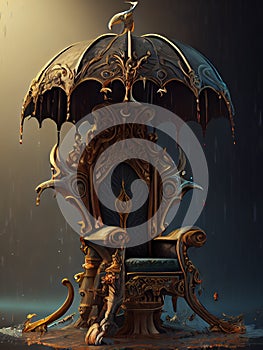 Fantasy scene with a throne umbrella and rain