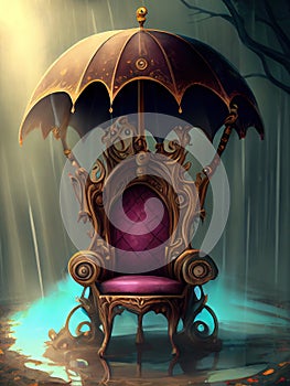 Fantasy scene with a throne umbrella and rain