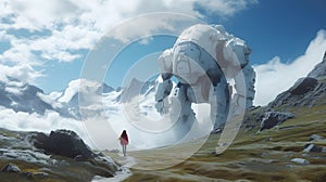 Fantasy scene - a woman walking towards a space robot, a spaceship