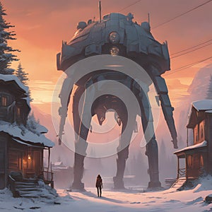 Fantasy scene of a woman walking in the winter forest with a giant alien planet.