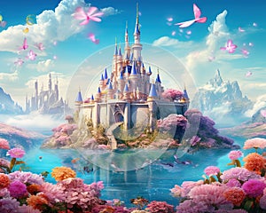 Fantasy sci-fi dreamland of abstract sea island full of flowers castle