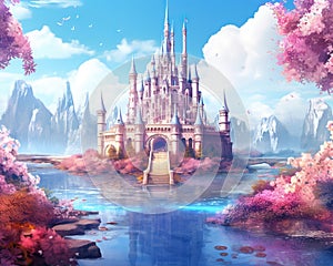 Fantasy sci-fi dreamland of abstract sea island full of flowers castle