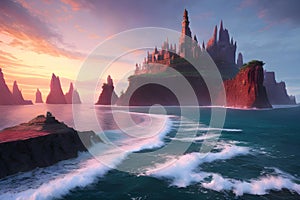 Fantasy sci-fi dreamland illustration of abstract sea, island with castle and sunset