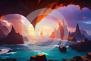 Fantasy sci-fi dreamland illustration of abstract sea, island with castle and sunset